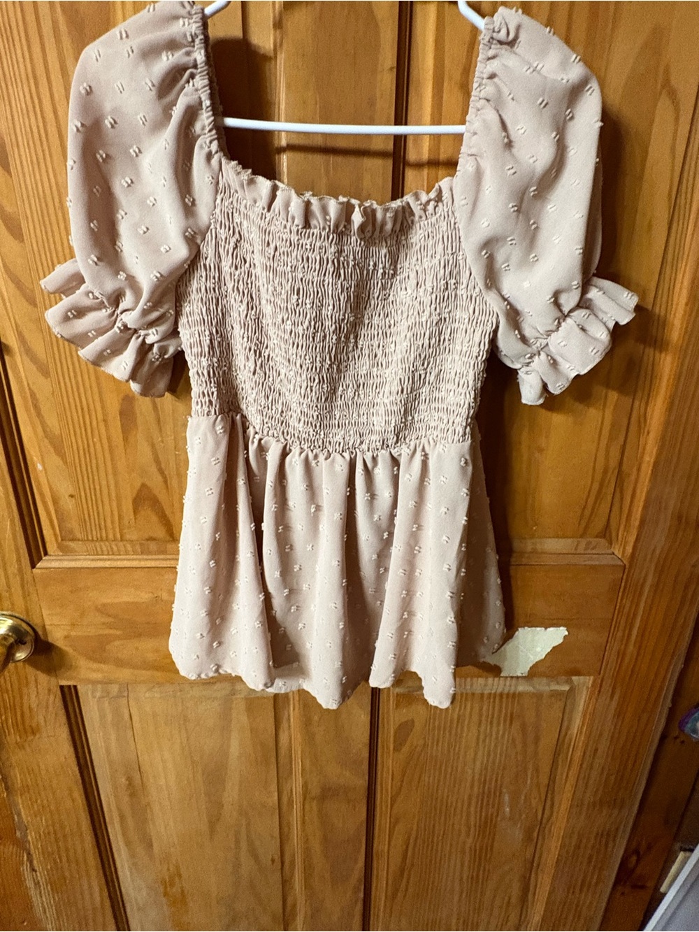 SHEIN Blush Smocked Peplum Puff-Sleeve Top
